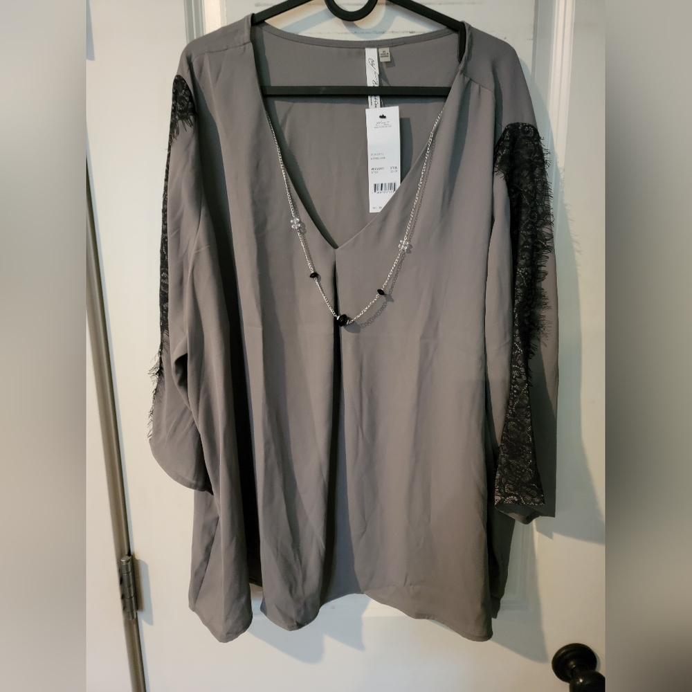 NY Collection  Womens Gray V-neck Long Sleeve Pullover Blouse 2X
